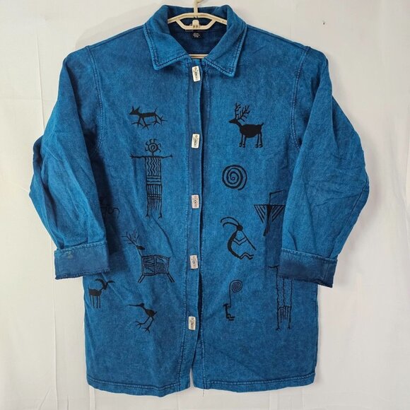 Bfofo Tops - Bfofo Shacket Womens Large Sweatshirt Jacket Acid Wash Cave Art Tribal Southwest